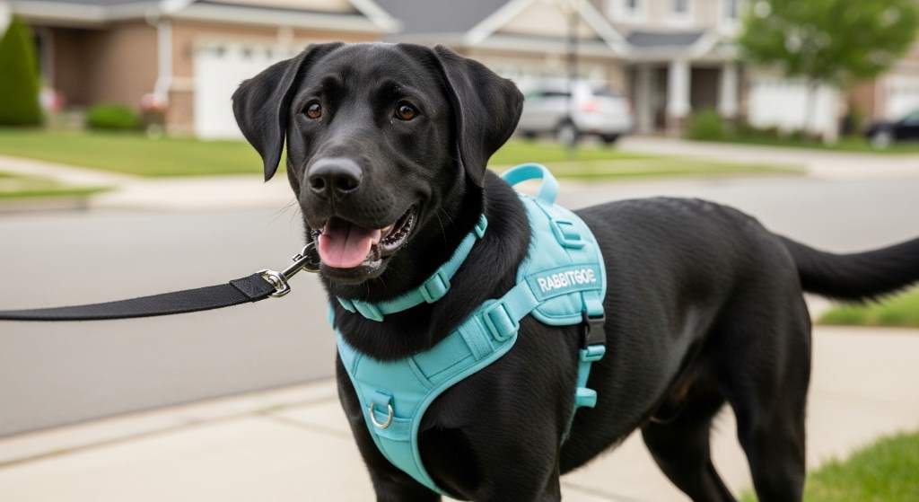 Black lab wearing Rabbitgoo no-pull harness with front clip during peaceful neighborhood stroll