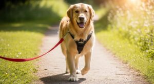 Energetic golden retriever walking calmly in PetSafe Easy Walk no-pull harness on sunny trail