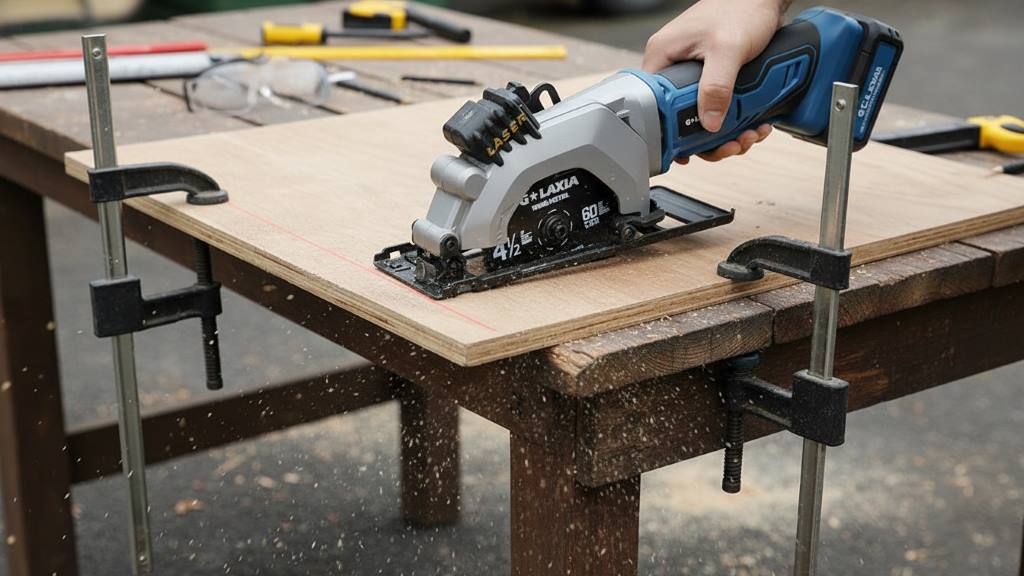 G LAXIA Mini circular saw cutting plywood on a workbench with clamps