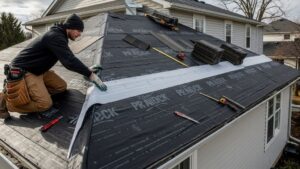 Ice and water shield membrane installation along roof eaves during replacement project for ice dam prevention