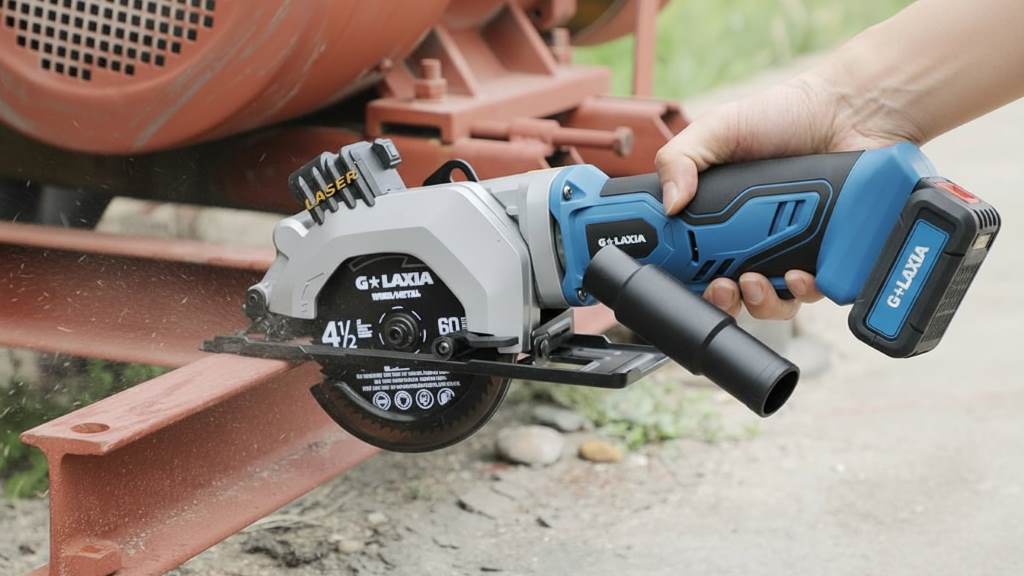 Vacuum adaptor attached to a mini circular saw to reduce sawdust