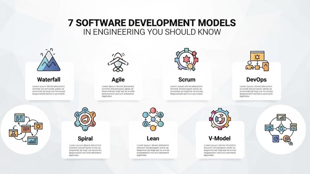 Comparison diagram showing seven software development models including Waterfall, Agile, V-Model, Spiral, DevOps, Iterative, and RAD with their key characteristics