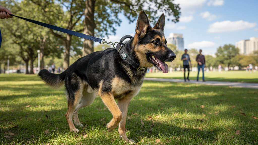 Energetic large breed dog wearing Black Rhino collar with handle during a walk in the park