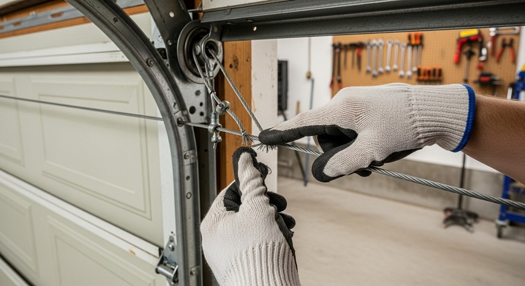 Garage door cable inspection showing frayed wires