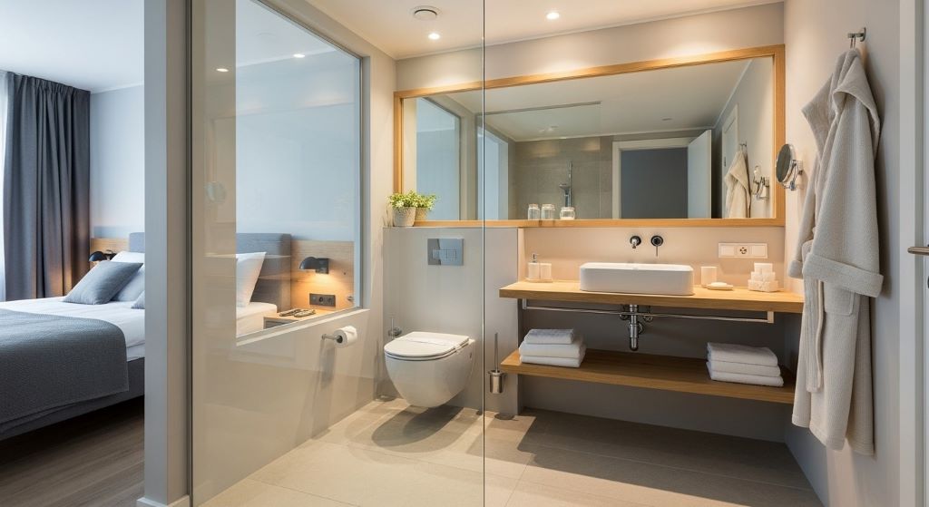 Compact bedroom bathroom featuring wall-mounted fixtures, neutral colors, and recessed lighting for luxury spa-like atmosphere