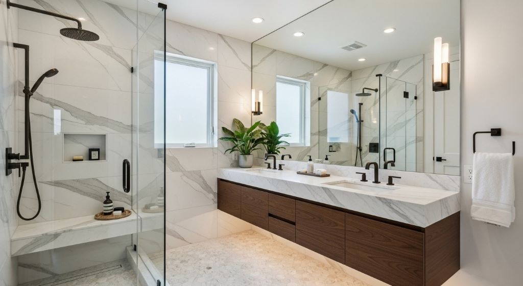 Modern small luxury bathroom with floating vanity, frameless glass shower, and marble tile creating spacious elegant design