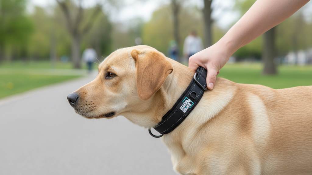 Owner using the handle on a Black Rhino training dog collar to guide a reactive pup safely