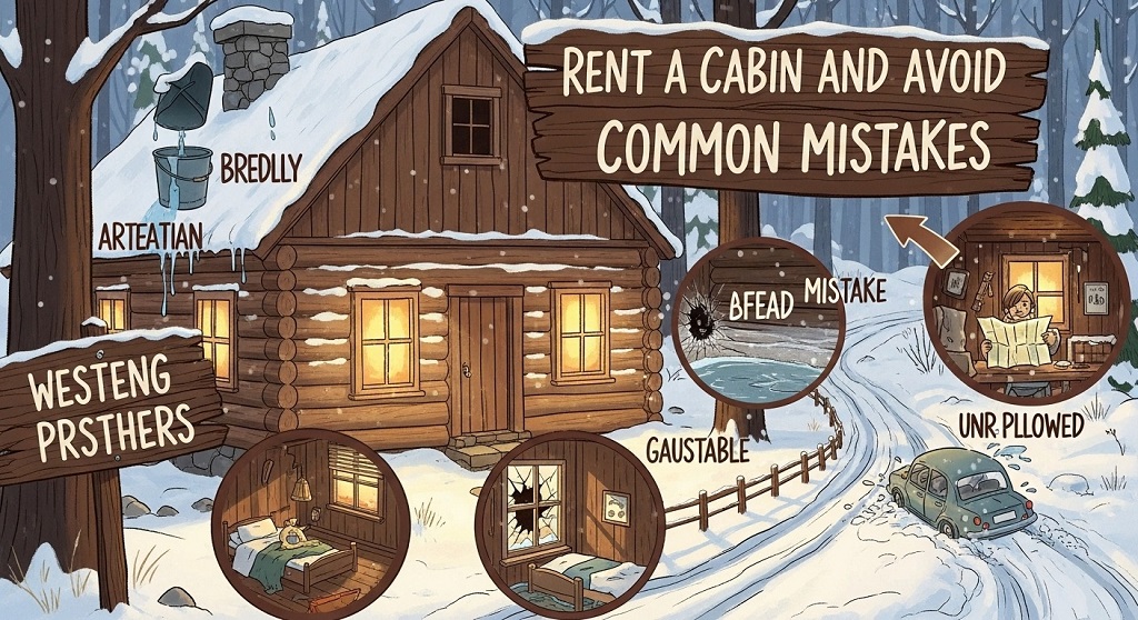 Couple reviewing cabin rental details on a laptop