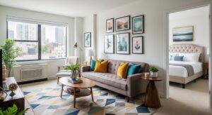 Stylish one bedroom apartment layout with multifunctional furniture