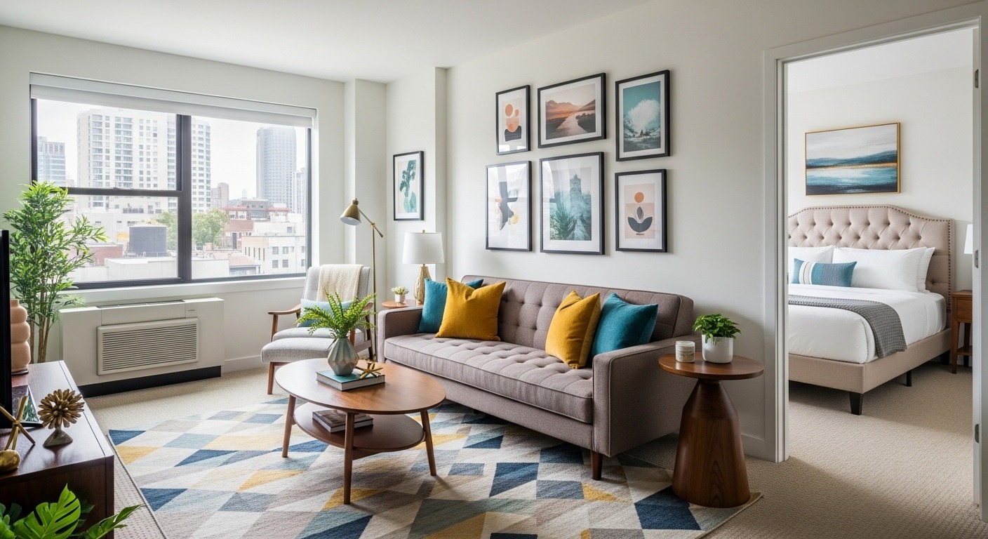 Stylish one bedroom apartment layout with multifunctional furniture