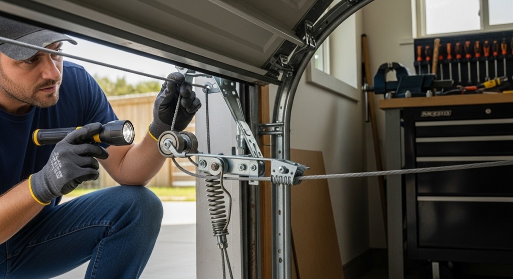 Garage door cable wrapped around drum close-up
