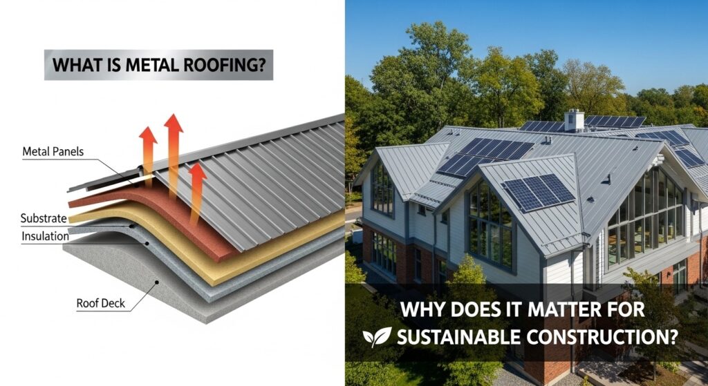 Metal roofing installed on a sustainable residential building