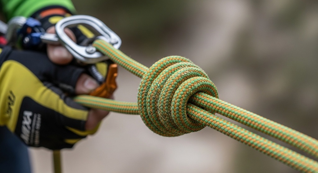 Close-up of certified rappel safety rope showing sheath construction