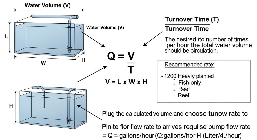 Diagram showing flow rate calculation formula with tank dimensions and turnover rate requirements for healthy aquarium circulation
