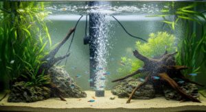 Aquarium circulation pump installed in fish tank showing water flow pattern and proper placement for optimal water movement