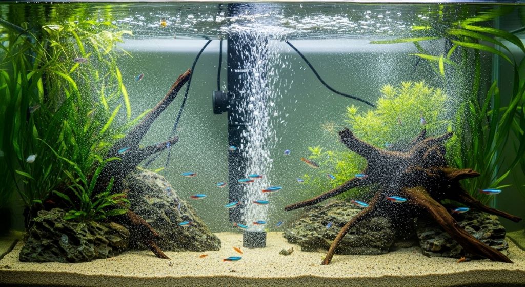 Aquarium circulation pump installed in fish tank showing water flow pattern and proper placement for optimal water movement