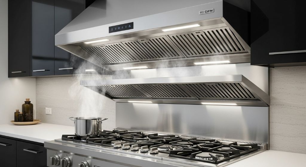 Large CFM range hood with baffle filters and LED lighting positioned over cooktop to capture cooking smoke and grease effectively