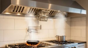 Stainless steel wall-mounted range hood with powerful fan motor installed above professional gas range for heavy cooking ventilation