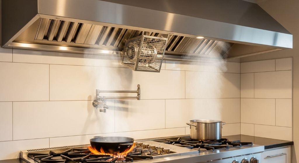 Stainless steel wall-mounted range hood with powerful fan motor installed above professional gas range for heavy cooking ventilation