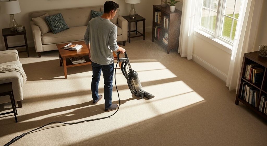 Person using corded upright vacuum on beige carpet in bright living room with furniture