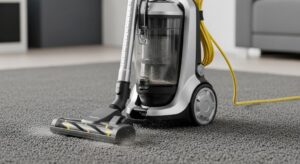 Modern upright vacuum cleaner on plush carpet showing rotating brush roll and dust container