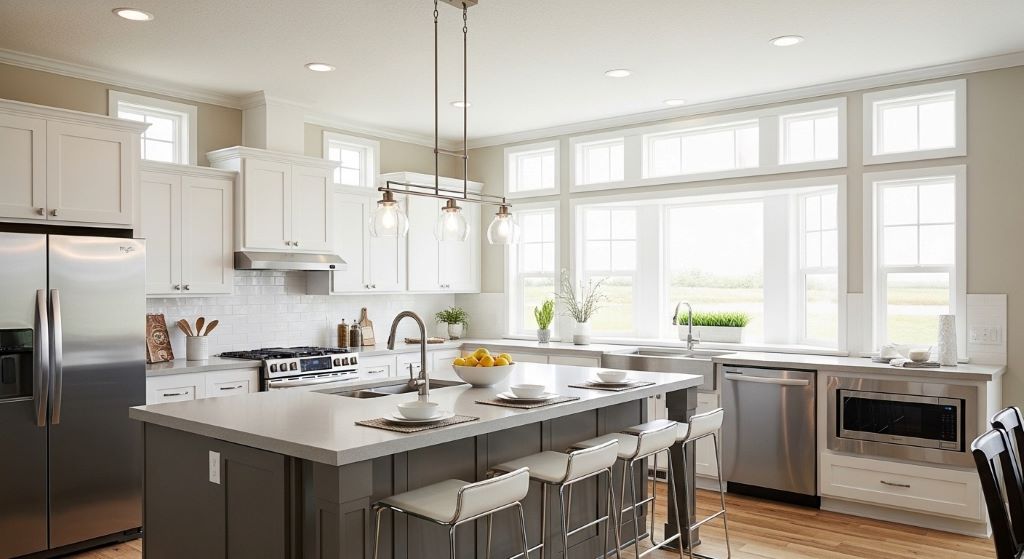 Spacious triple wide manufactured home kitchen with white cabinets, large island, and abundant natural lighting from multiple windows