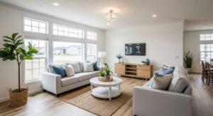 Bright open concept living room in triple wide manufactured home with white walls, large windows, and light wood floors