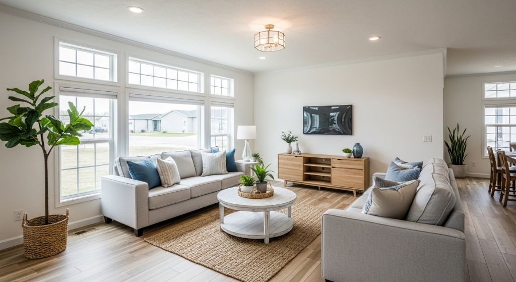Bright open concept living room in triple wide manufactured home with white walls, large windows, and light wood floors