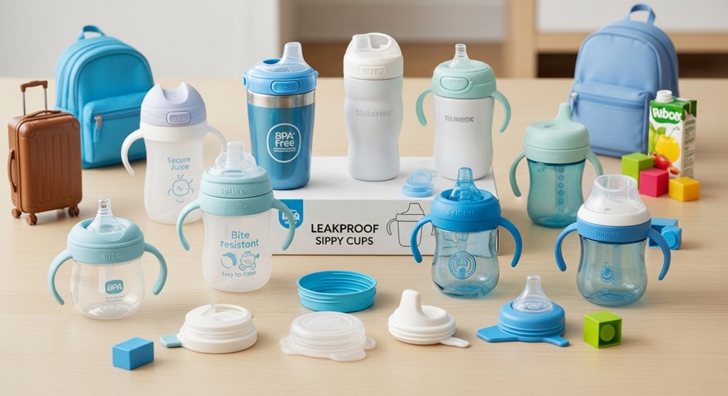 Toddler holding spill-proof cup during on-the-go baby feeding
