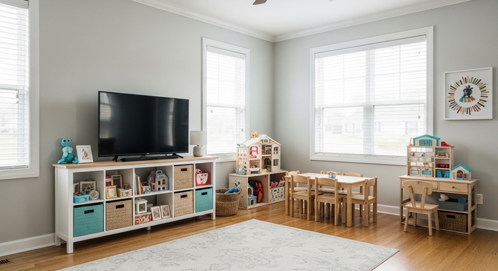 Clean and organized children’s playroom with labeled toy bins