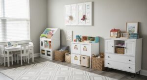Parent organizing toys while decluttering kids playroom