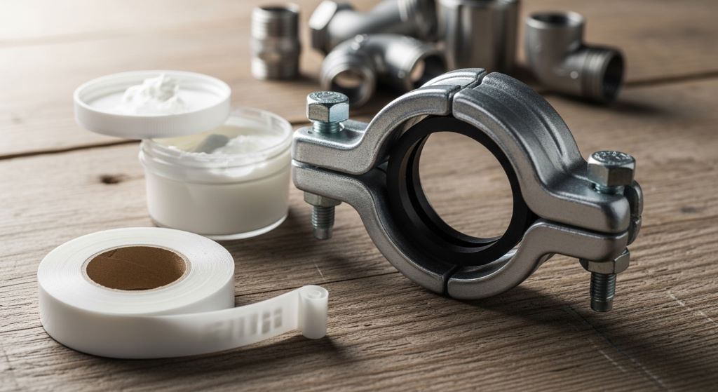 Close-up of pipe sealing tools including PTFE tape, pipe joint compound, and a repair clamp laid out on a wooden surface