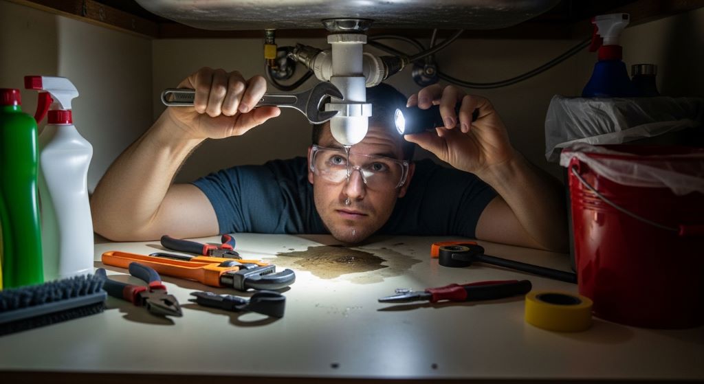 A homeowner using basic leak repair tools to fix a dripping faucet under a kitchen sink