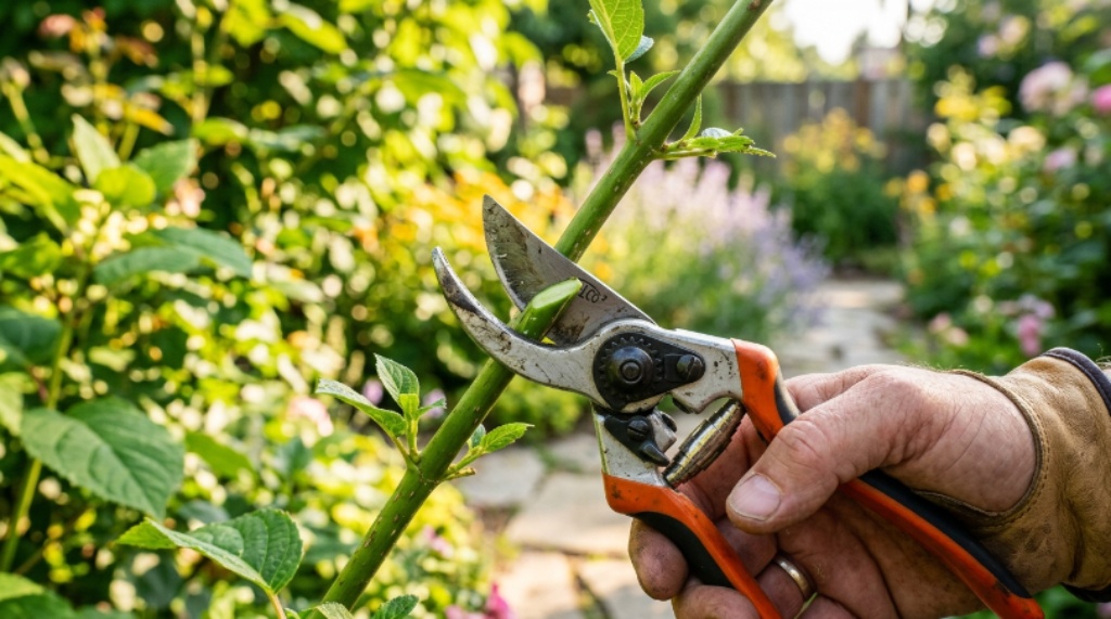 Close-up of bypass pruner blades making a clean cut on a green garden shrub stem in a sunny backyard