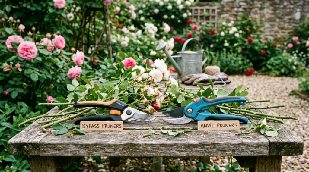 Side-by-side comparison of bypass pruners and anvil pruners laid on a wooden garden bench surrounded by pruned rose stems