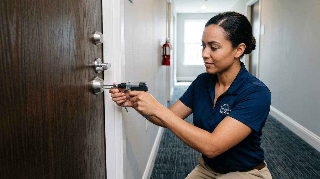 Denver apartment maintenance worker performing non-destructive privacy lock opening
