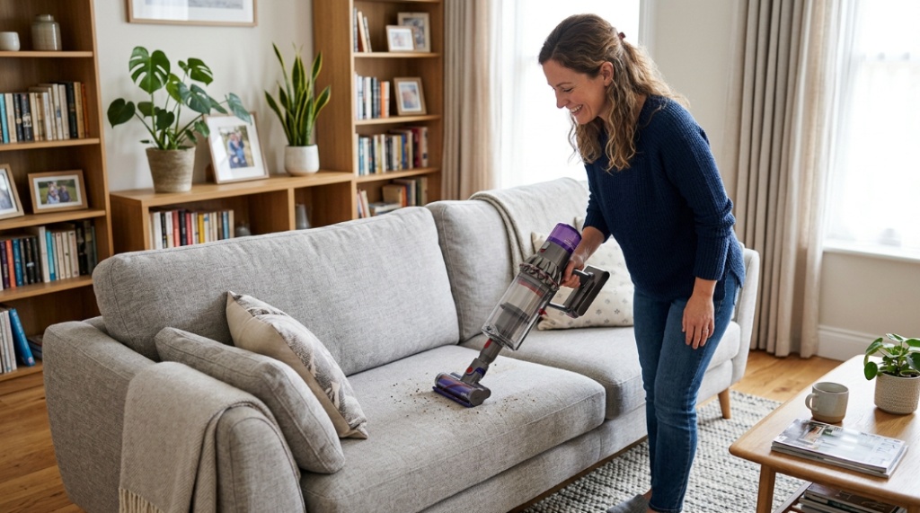 step by step sofa cleaning using vacuum cleaner crevice tool
