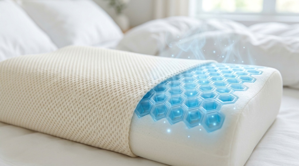 Close-up of a memory foam contour pillow showing cooling gel layer technology.