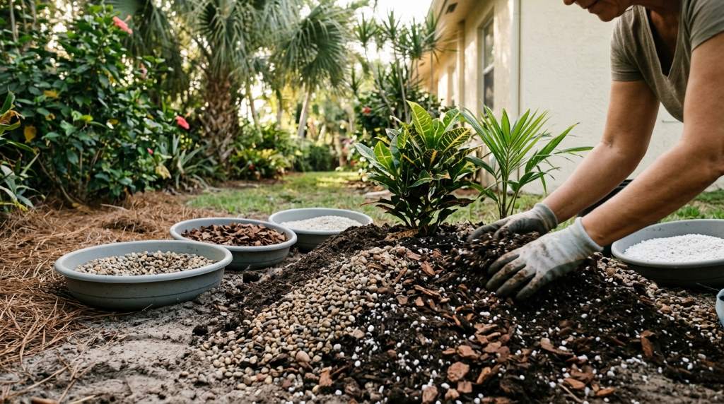 Gardener adding compost and sand to improve drainage in Miami backyard soil
