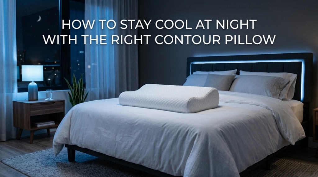 Cooling contour pillow on a bed at night with article title text overlay.