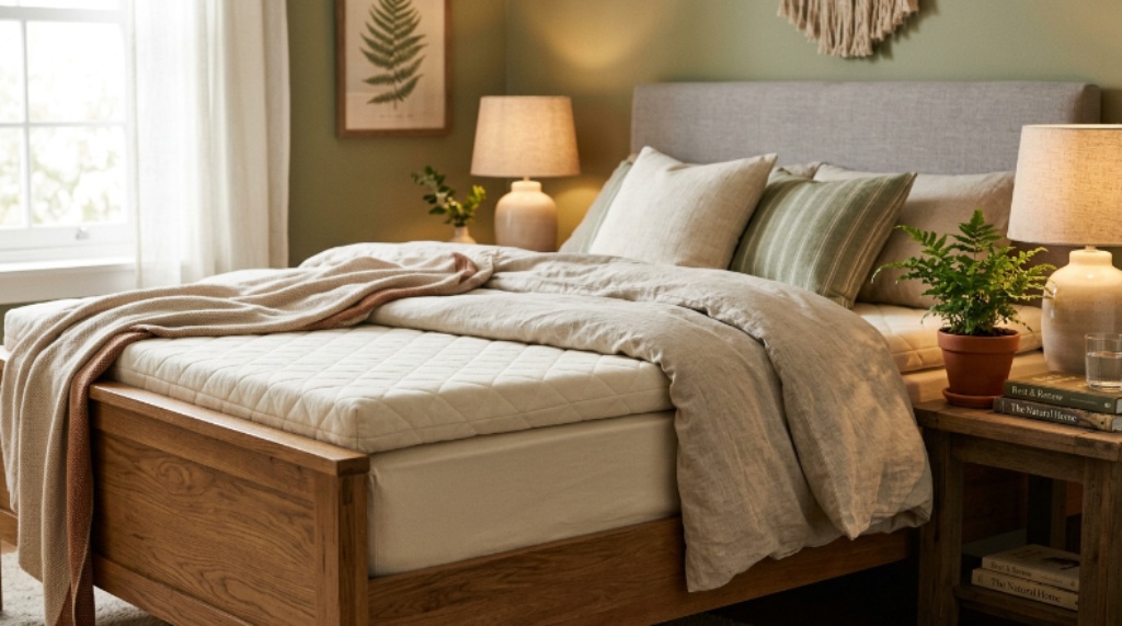 Close-up of a natural latex mattress topper on a bed frame surrounded by soft lighting and earthy bedroom decor