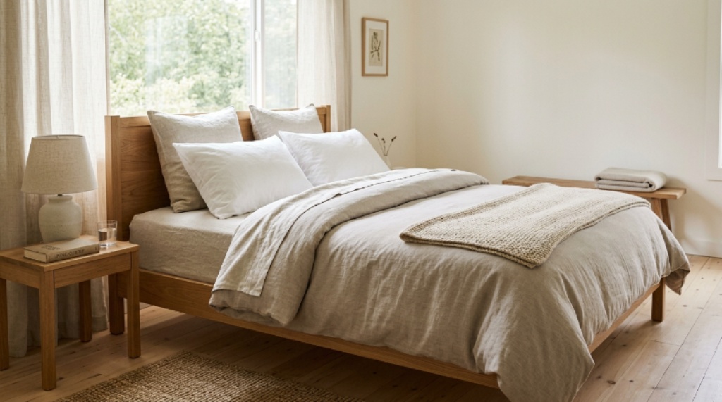 A neatly made bed with natural linen sheets, a wool duvet, and organic cotton pillows in a calm, minimalist bedroom