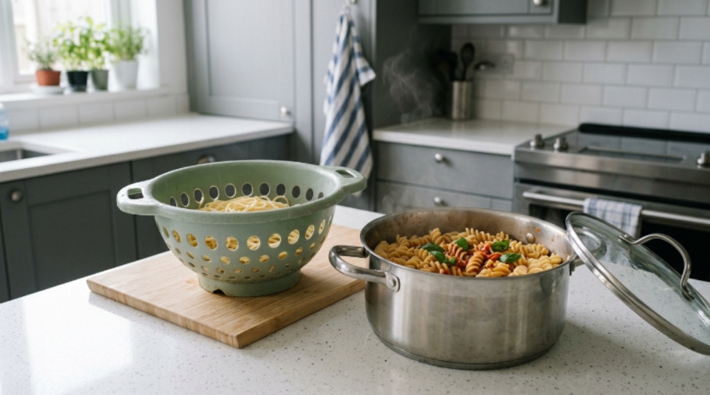 Affordable colander displayed on a kitchen counter next to a pot of freshly cooked pasta in a modern home