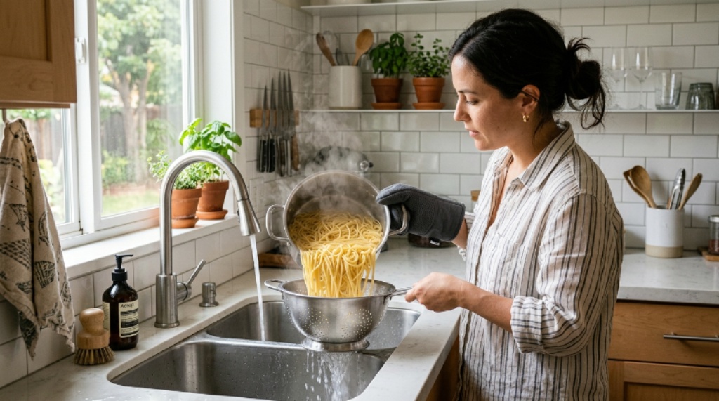 Stainless steel pasta strainer draining spaghetti in a California home kitchen with white subway tile background