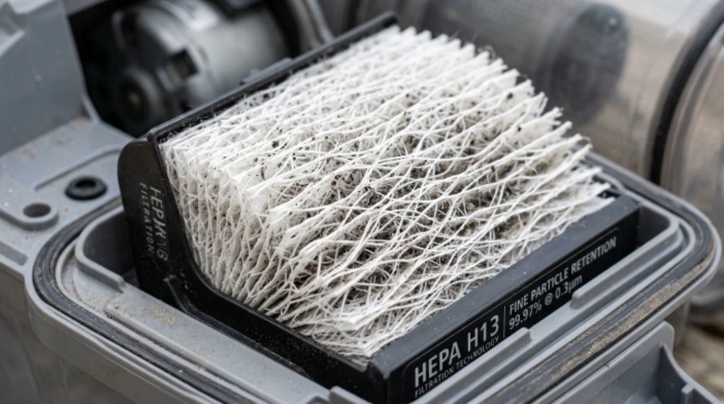 Close-up of a vacuum cleaner HEPA filter showing fine particle filtration technology