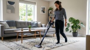 Person using a lightweight cordless stick vacuum on a modern living room carpet