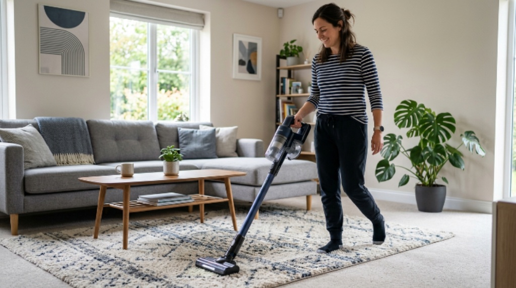 Person using a lightweight cordless stick vacuum on a modern living room carpet