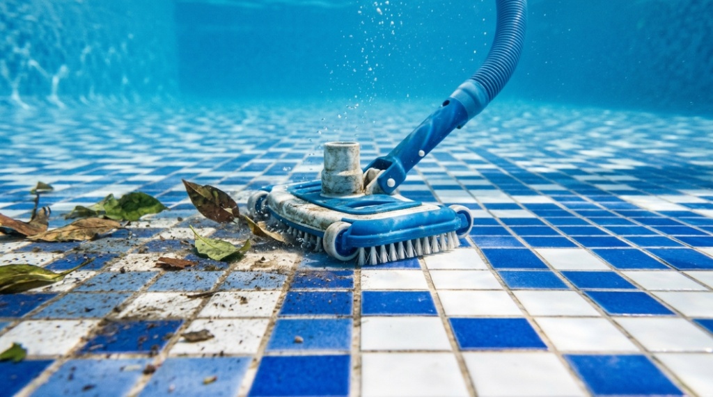 person vacuuming swimming pool manually for clear water