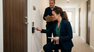 Property manager in Denver using safe door hole unlock tools on apartment bathroom lock