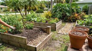 Tropical Miami garden with raised beds and well-draining soil after rainfall